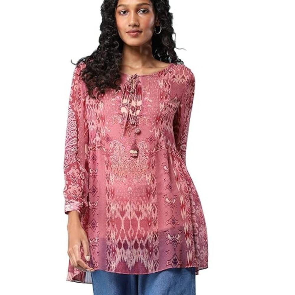 Ritu Kumar Aarke Boho Top Womens Medium Pink Tribal Sheer Tasseled Tunic